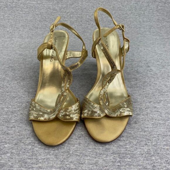 Arturo Chiang Heels Womens 8.5M Gold Sequin Strappy Leather Peep Open Toe Sandal - Picture 1 of 11